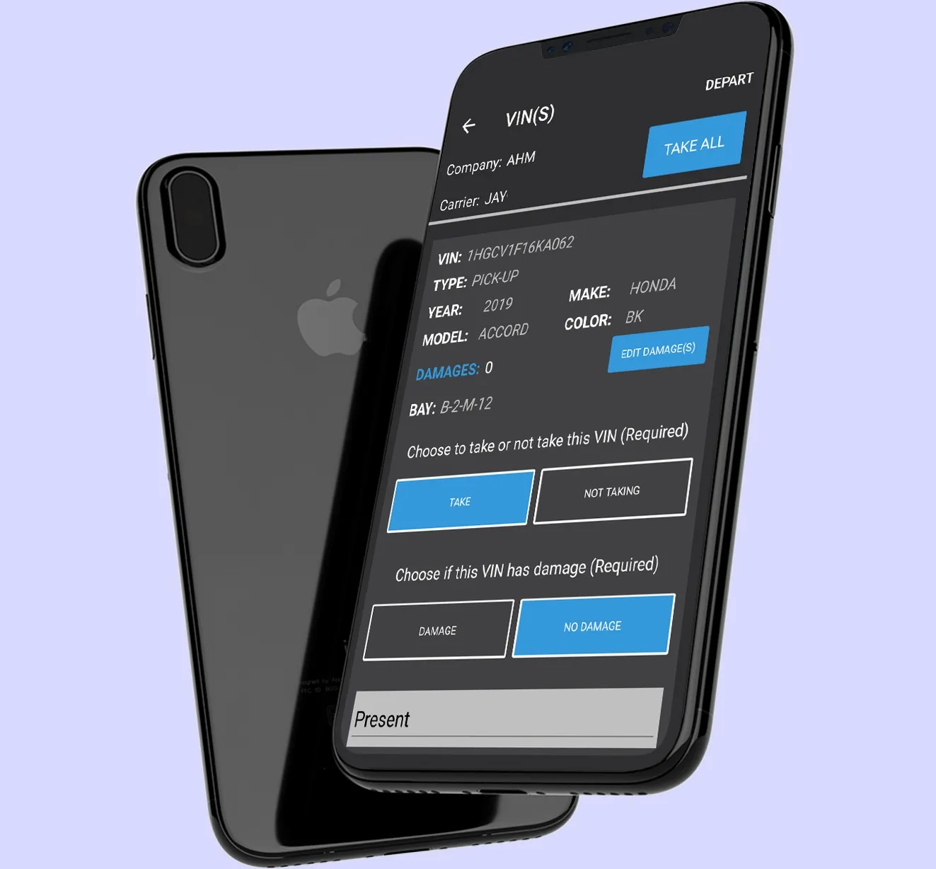 Phone showing a vehicle inspection screen with VIN details and damage options