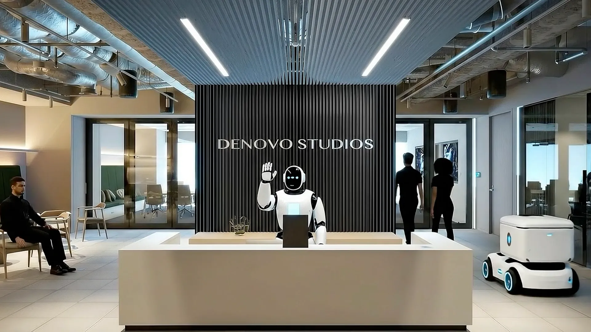Denovo Studios robot mascot waving