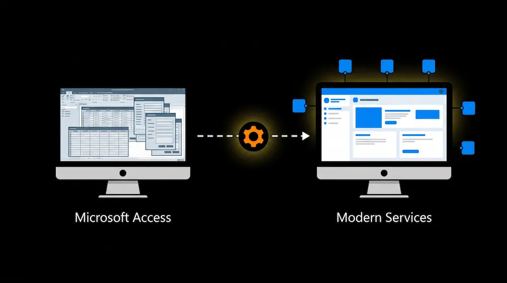 Microsoft Access to web app migration illustration for manufacturing software modernization