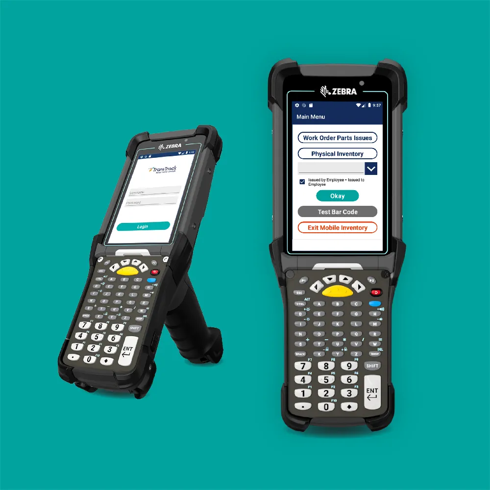 Two Zebra handheld scanners showing the cycle count app login and menu screens